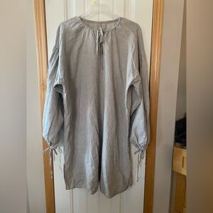 Gray linen Midi Dress with Billowy Sleeves and Tie Neckline